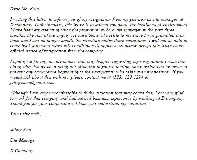 14. Resignation Letter Due To Hostile Work Environment