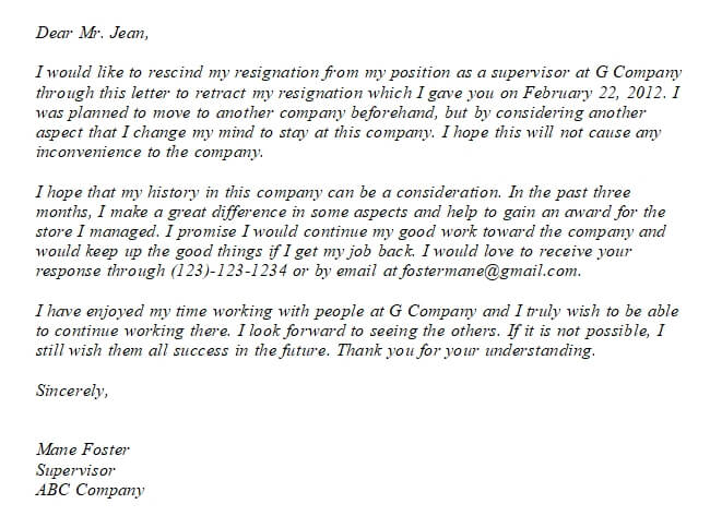 Rescind Resignation Letter And Its Example You Can ...