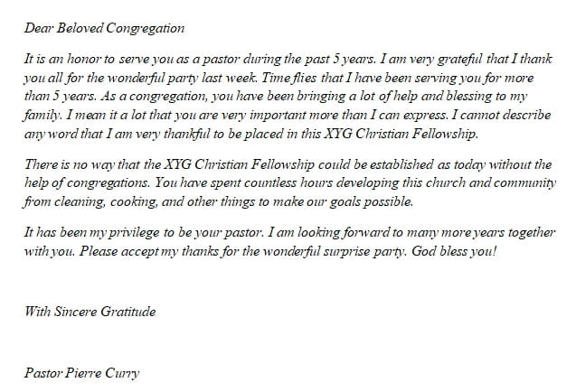 Pastor Appreciation Letter To Congregation And Example 