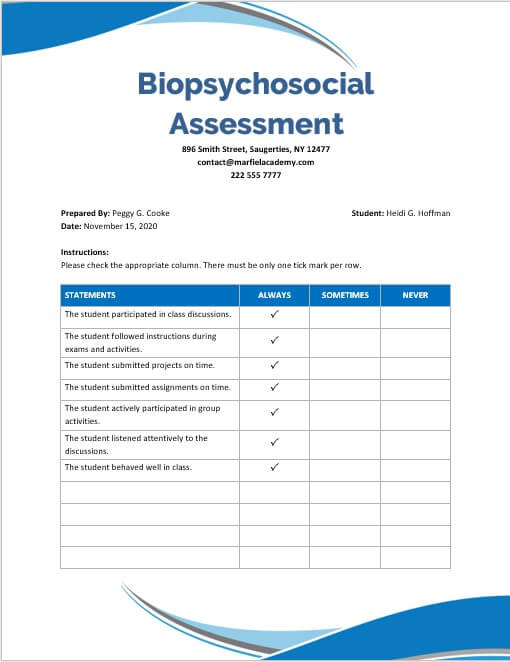 Biopsychosocial Assessment Template Word Www inf inet