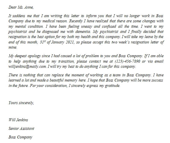 215. Resignation Letter Due to Health