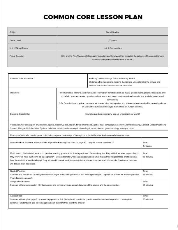 5+ Common Core Lesson Plan Template room