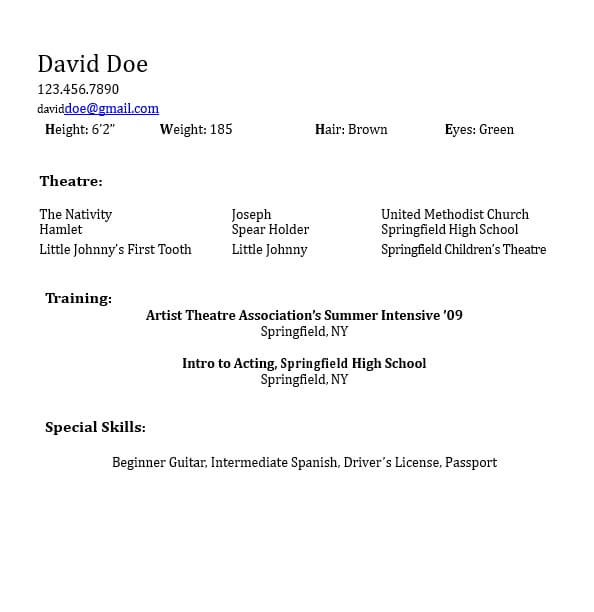 Acting Resume Template for Free