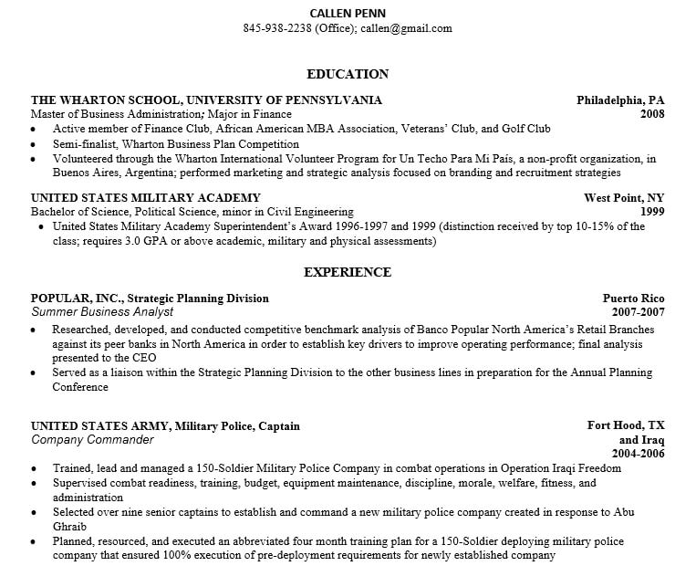 Army Military Resume