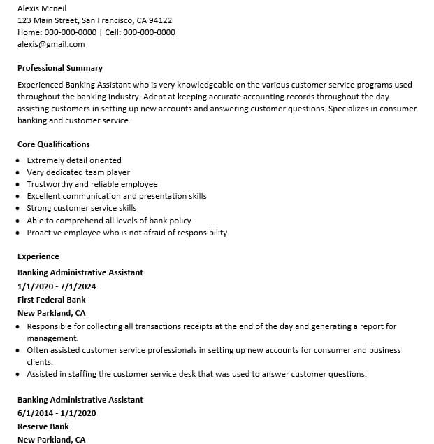 Banking Administrative Assistant Resume