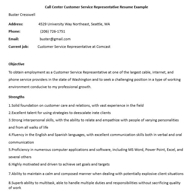 Call Center Customer Service Representative Resume