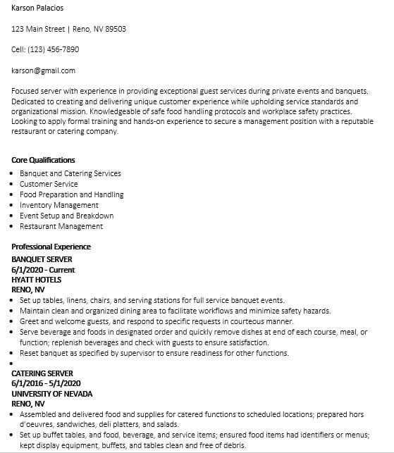 Catering Resume