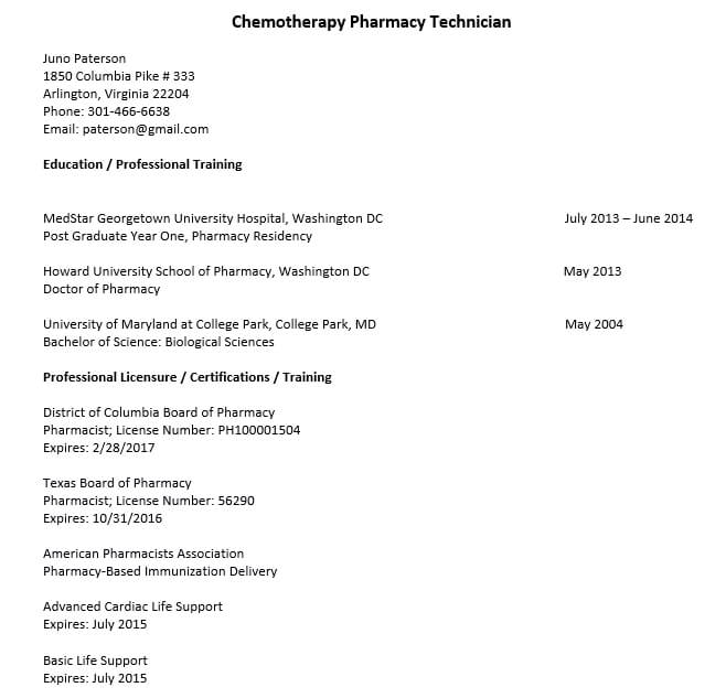 Chemotherapy Pharmacy Technician Resume