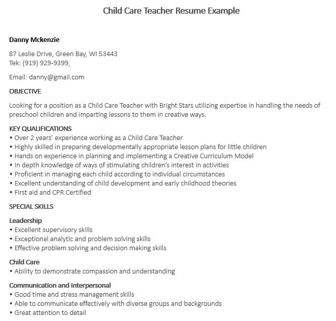 Child Care Teacher Resume Example