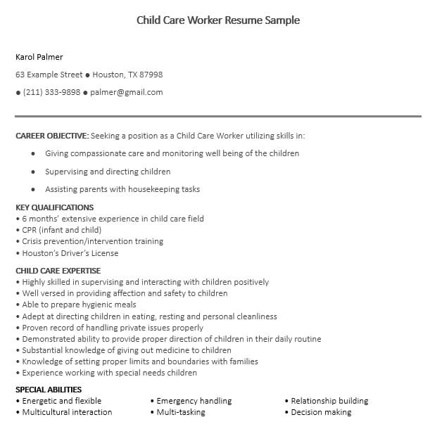 Child Care Worker Resume Sample