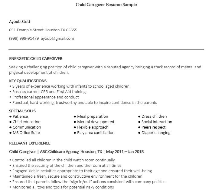 Child Caregiver Resume Sample