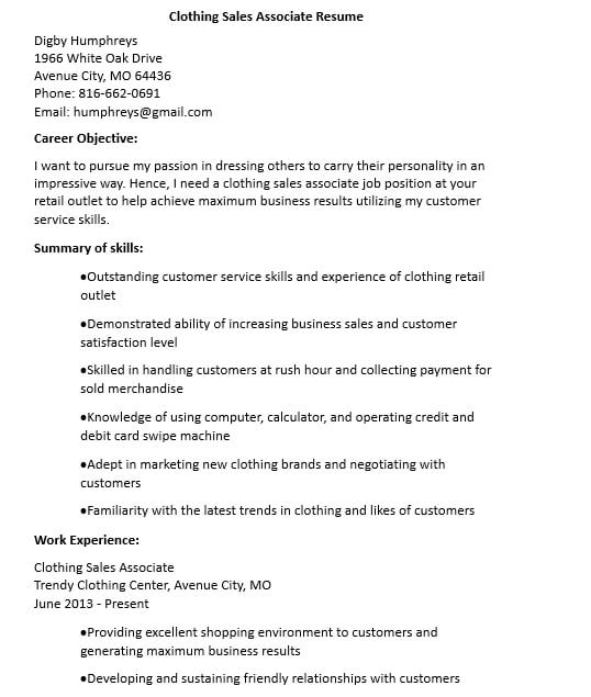 Clothing Sales Associate Resume