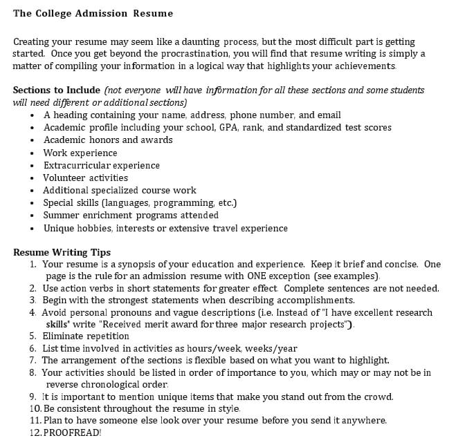 College Admission Resume Template