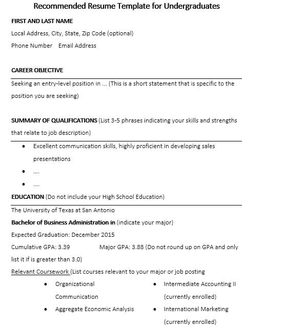 College Resume Template Word Free Download