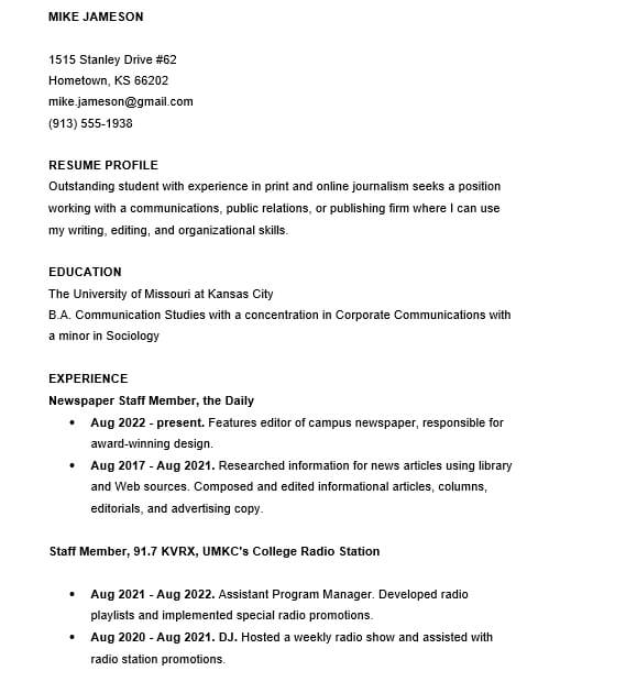 College student resume examples