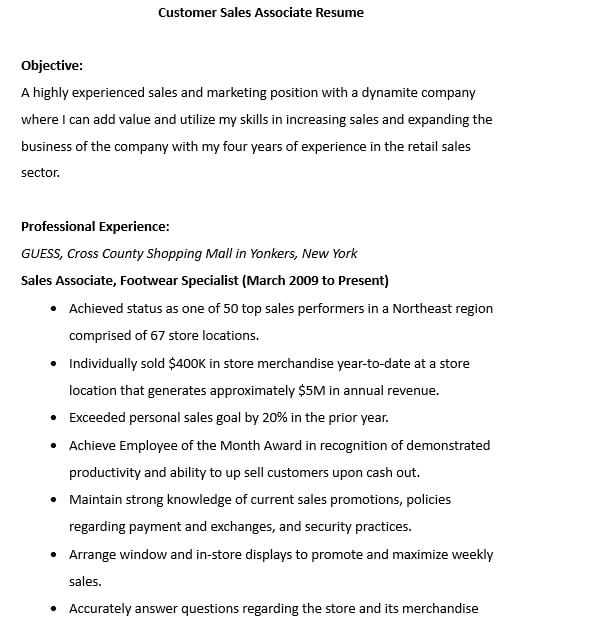 Customer Sales Associate Resume