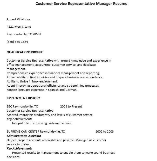 Customer Service Representative Manager Resume