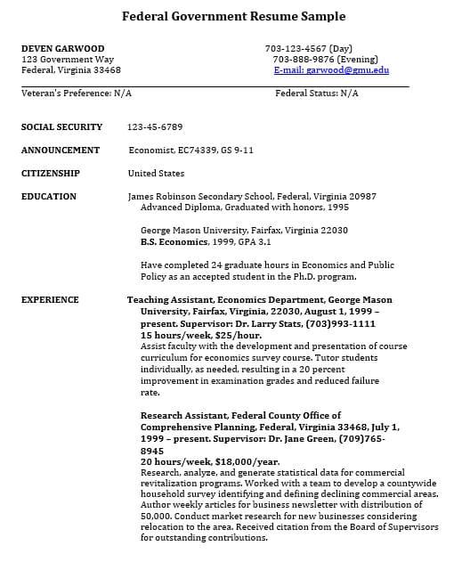 Federal Government Resume PDF Free Download