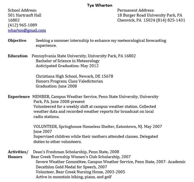 First Year Student College Resume Template