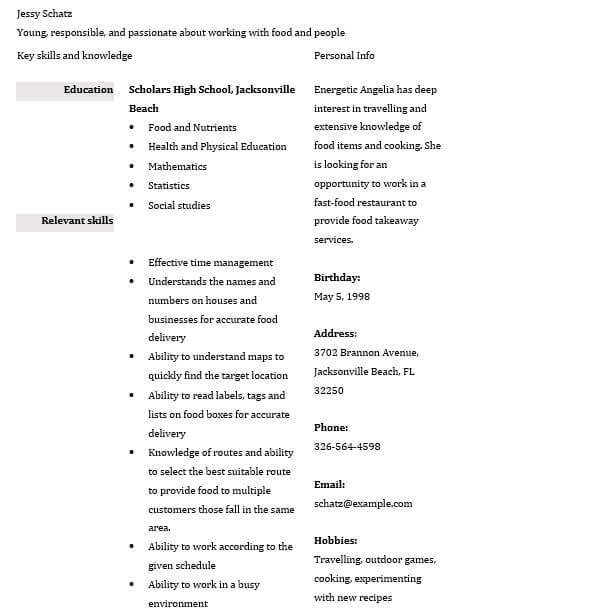 Food delivery position Resume For School Student