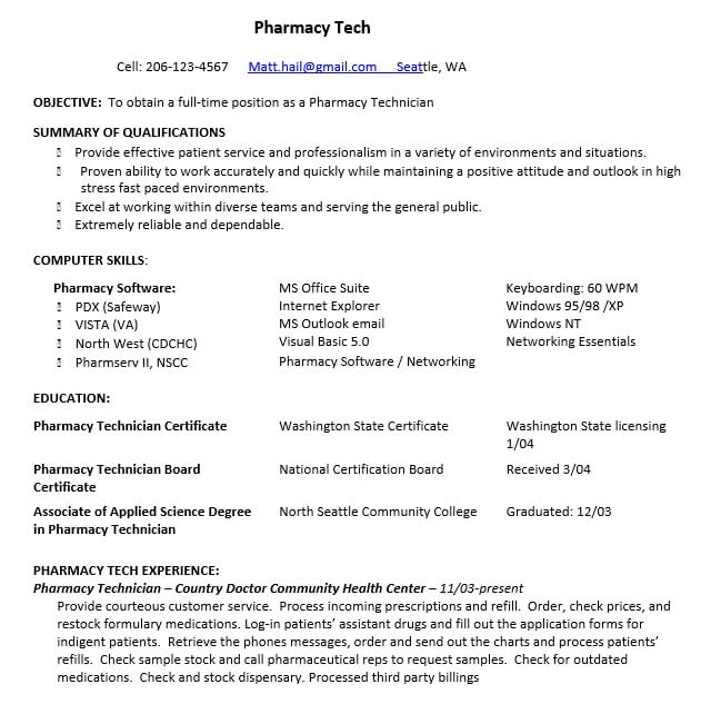 Full Time Pharmacy Technician Resume
