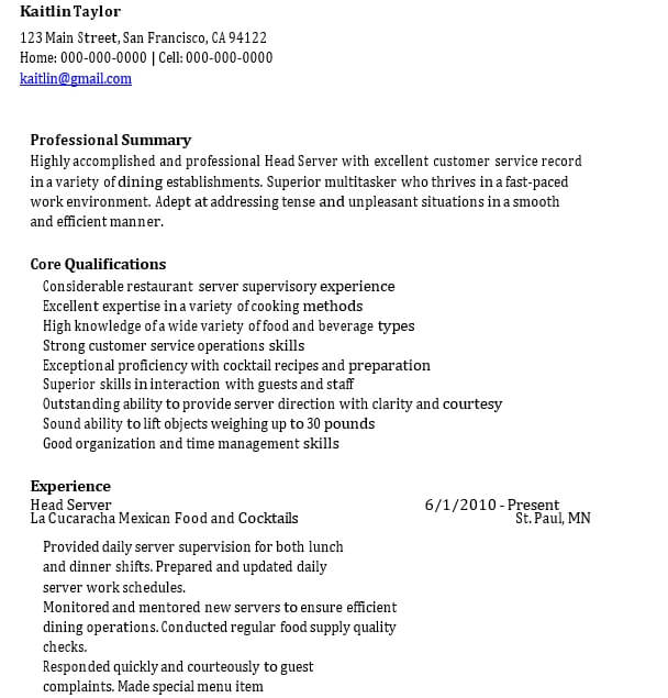 Head Server Resume