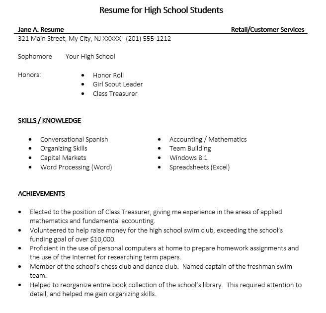 High School Student Resume For College