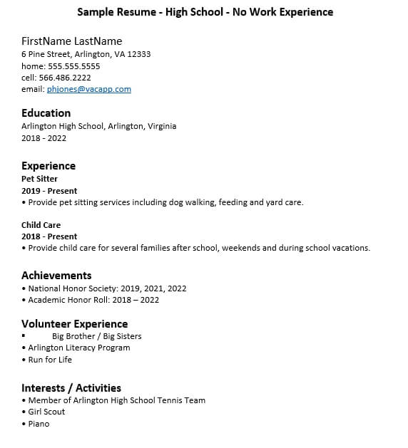 High School Student Resume With No Experience