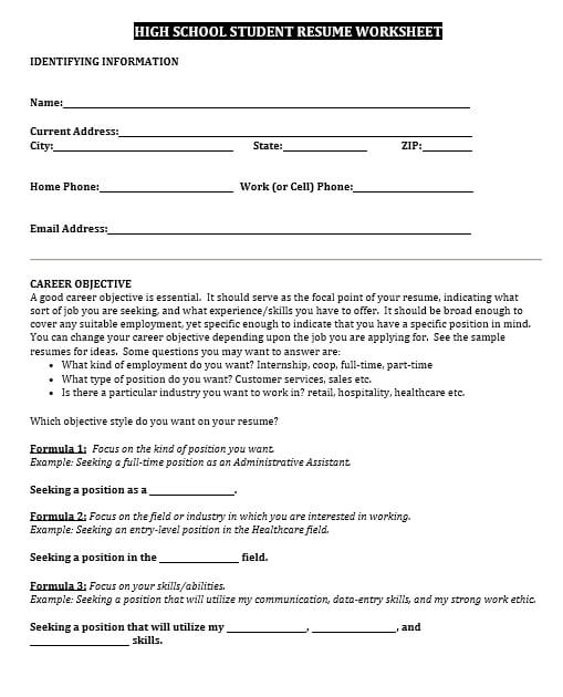 High School Student Resume Worksheet 1