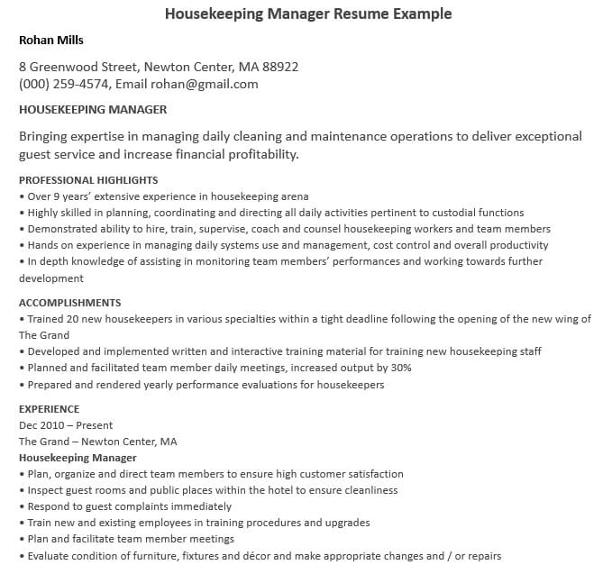 Housekeeper Manager Resume Template Example