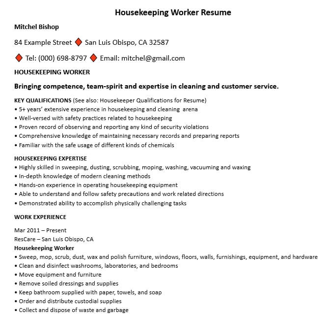 Housekeeping Worker Resume Template