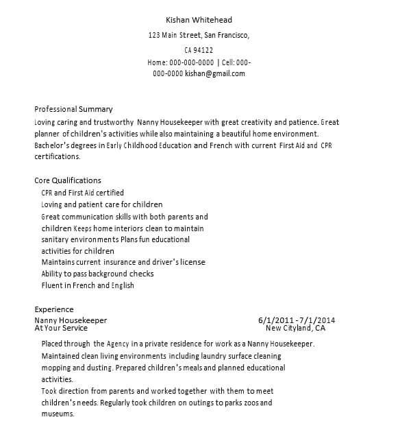 Nanny Housekeeper Resume Template Download