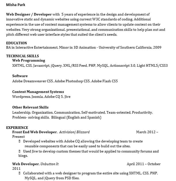 PHP Web Developer Resume