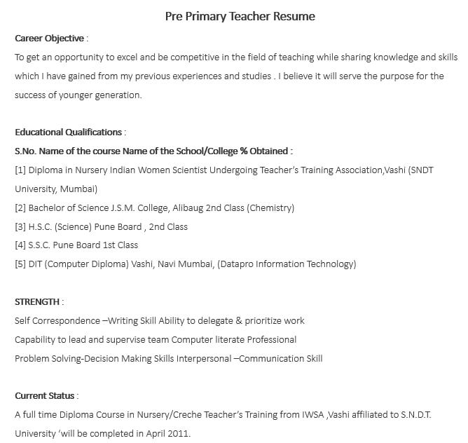 Pre Primary Teacher Resume