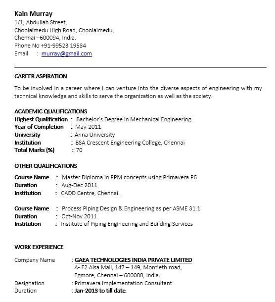 Printable Resume for Mechanical Engineer