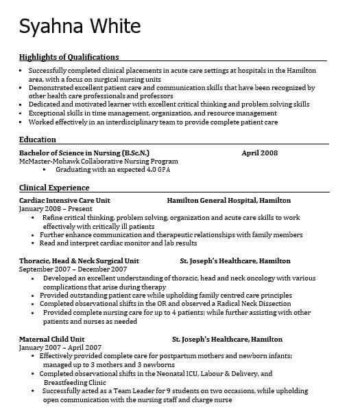 Resume For Nursing Student With Clinical Experience