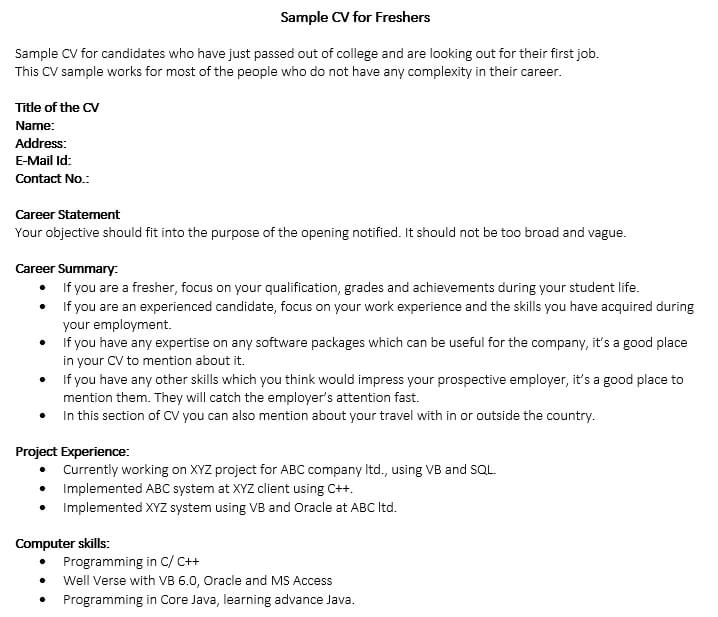 Sample CV Format For Freshers