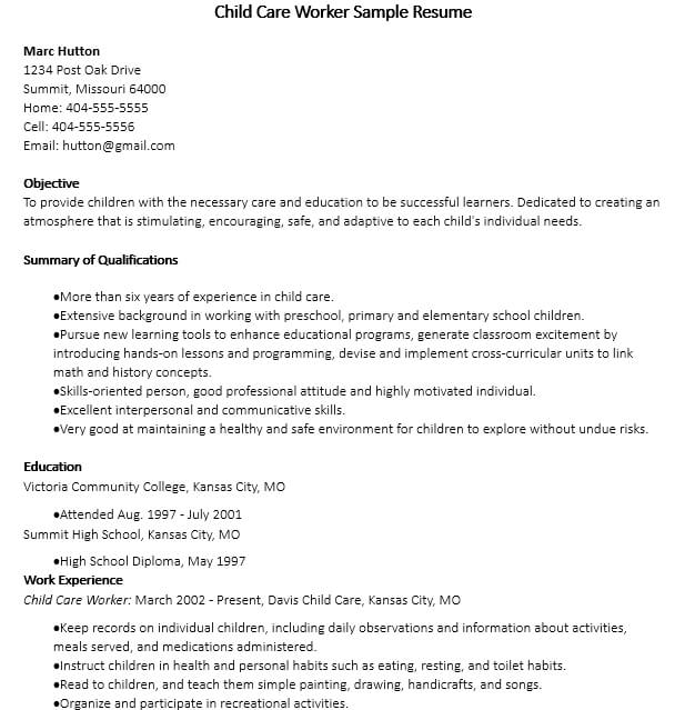 Sample Child Care Worker Resume
