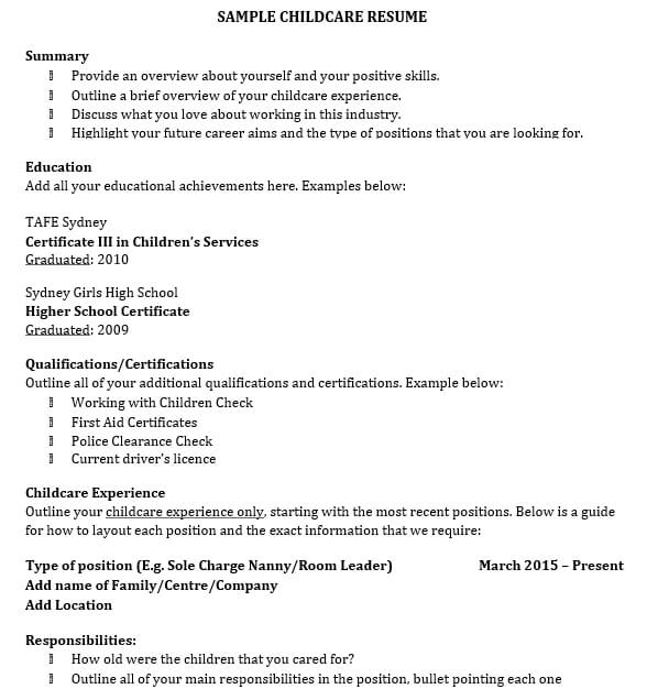 Sample Childcare Resume Template