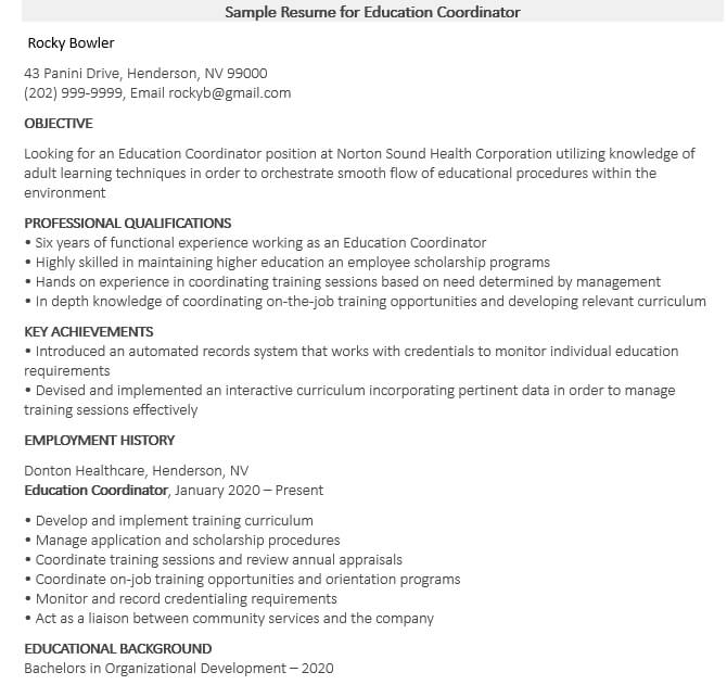 Sample Resume for Education Coordinator