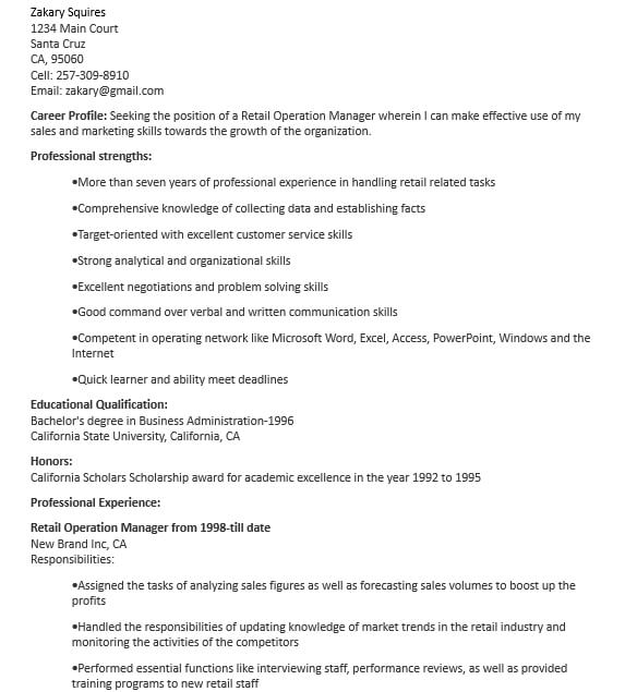 Sample Retail Operation Manager Resume