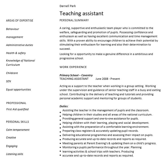 Teacher Assistant Resume Sample