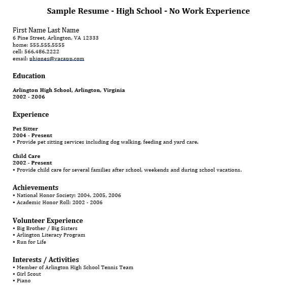 Teenage High School Resume