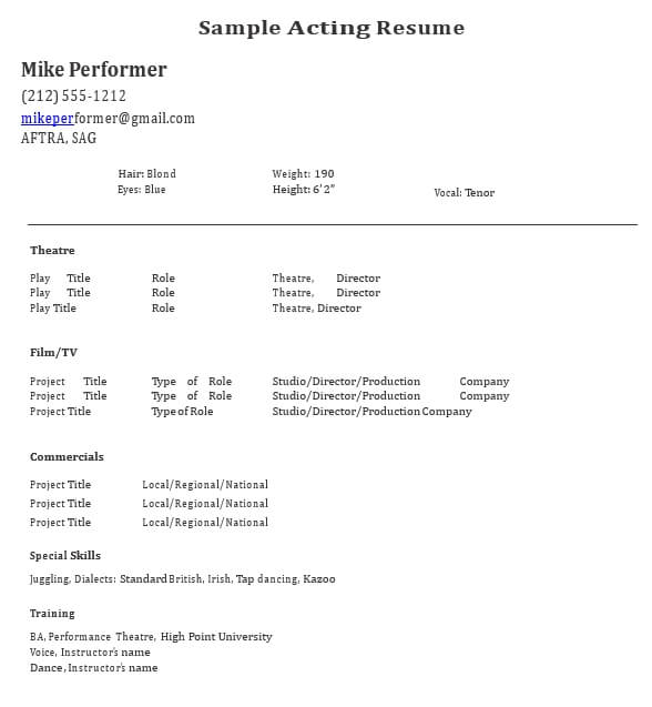Theatre Acting Resume Free PDF Template