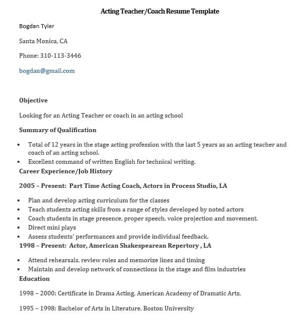 acting teacher or coach resume template