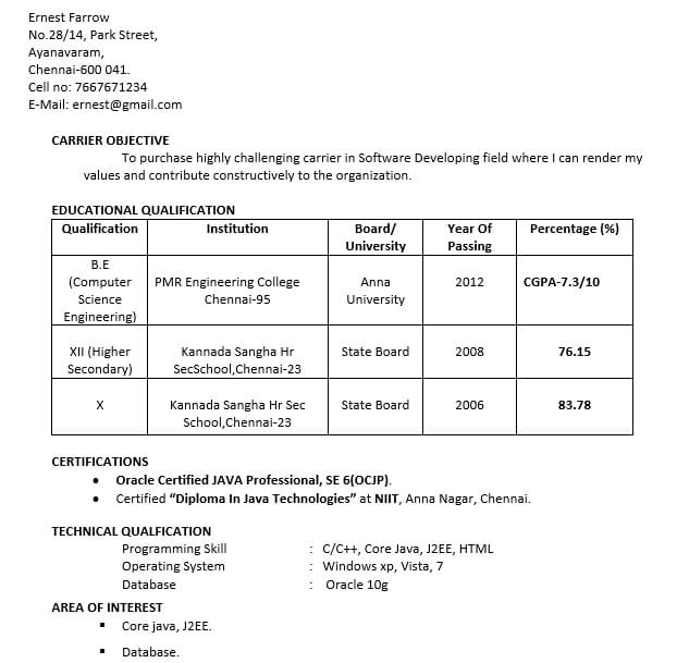 be freshers resume format free download