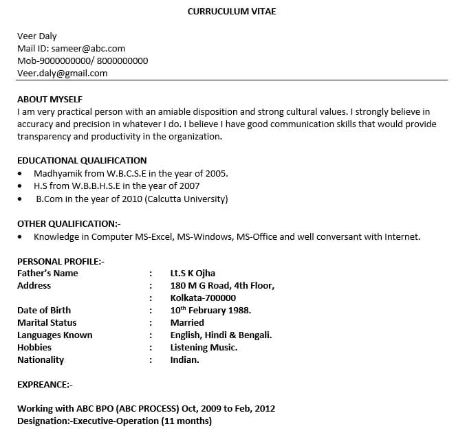 bpo call centre resume sample