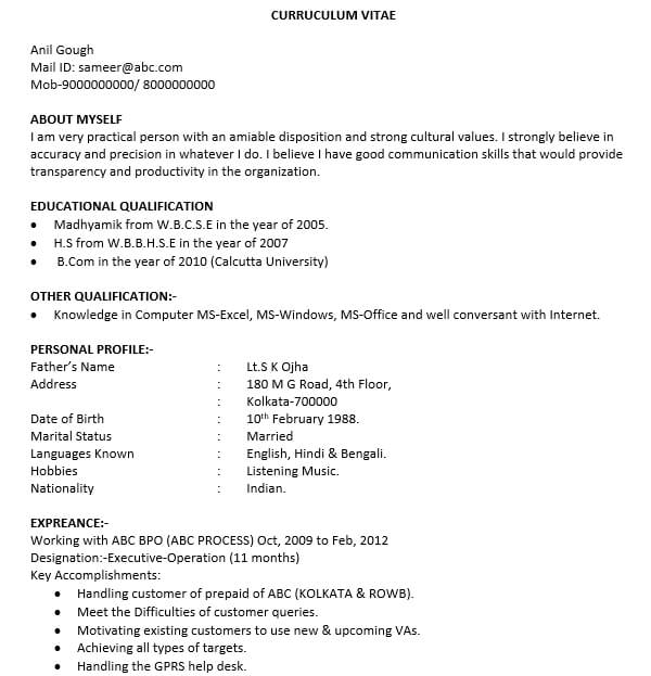 bpo call centre resume sample1
