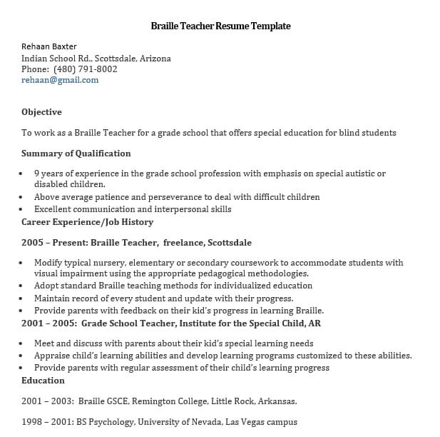 braille teacher resume template