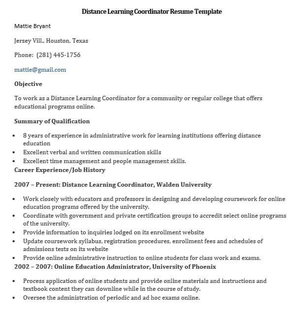 distance learning coordinator resume template